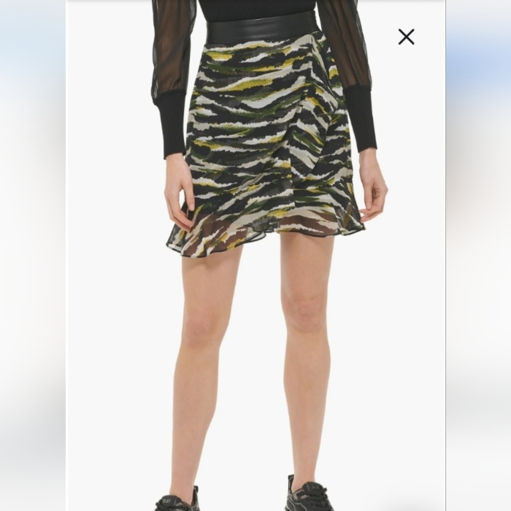 DKNY Wrap Ruffle Chiffon  Skirt, lined, faux leather trim- size 10
